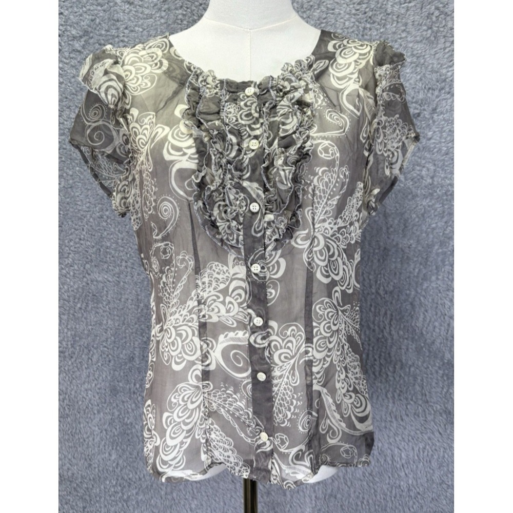 Johnny Was 4 Love & Liberty Womens S Silk Paisley Ruffle Button Front Short Slv